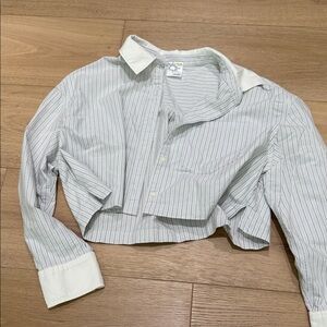 aerie White & Light Blue Striped Cropped Button-Up Shirt